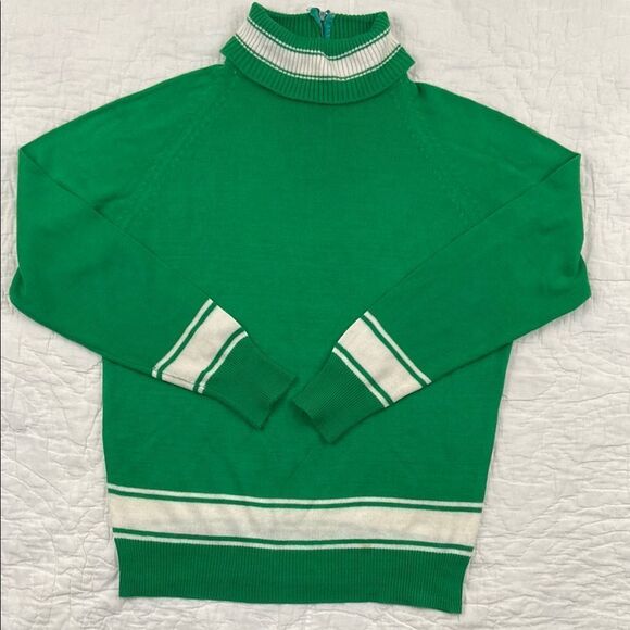 Vintage 100% Virgin Acrylic Green Turtleneck Sweater with White Stripes - Picture 1 of 7